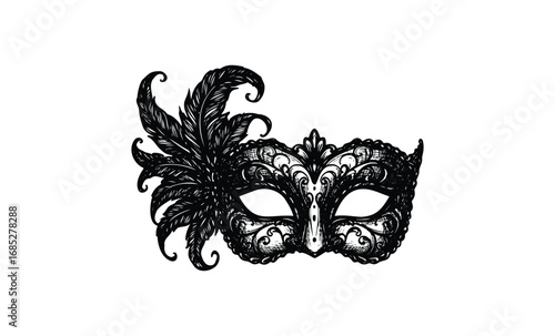 Intricate black lace masquerade mask with feather detailing. Vector retro hand drawn illustration