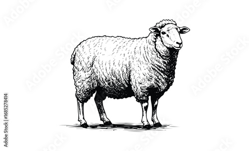 Detailed black and white drawing of a standing sheep. Vector retro hand drawn illustration