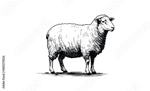 Illustrated sheep standing on white background with detailed wool texture. Vector retro hand drawn illustration