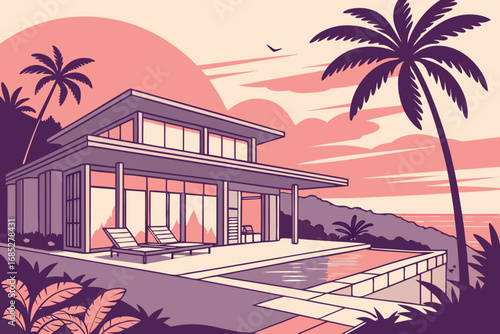 Modern Luxury Villa Retreat with Pool and Ocean View Under a Pastel Sky Holiday Destination Paradise and Exotic Vacation Getaway