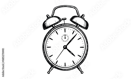 Vintage hand-drawn alarm clock illustration with detailed bells and hands. Vector retro hand drawn illustration