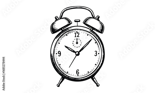 Vintage alarm clock sketch with bells and classic design in black and white. Vector retro hand drawn illustration