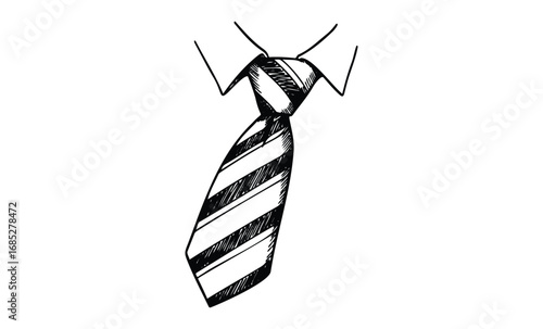 Black and white striped tie sketch with collar. Vector retro hand drawn illustration
