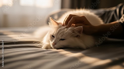 White fluffy cat is being stroked by a hand while lying on a striped bed