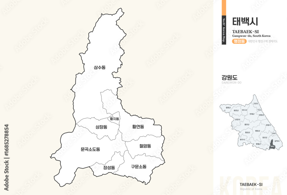 Obraz premium 강원도 태백시 행정동 윤곽선 지도