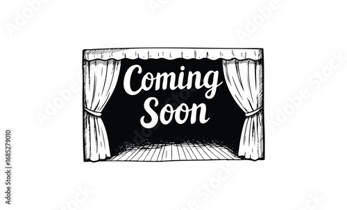 Vintage theater stage drawing with curtains and coming soon text. Vector retro hand drawn illustration