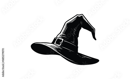 Vintage witch hat with buckle in monochrome ink drawing. Vector retro hand drawn illustration