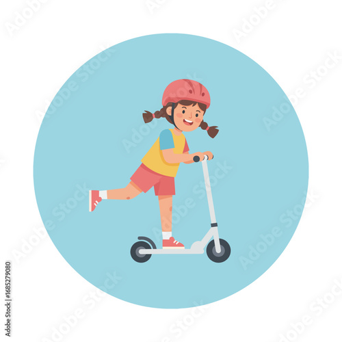 Smiling girl on a scooter, wearing a helmet, enjoying a fun activity.