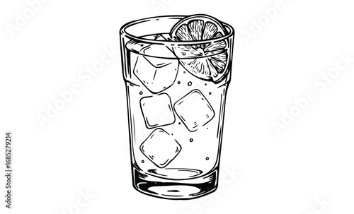 Hand-drawn iced drink with lemon slice and ice cubes in a glass. Vector retro hand drawn illustration