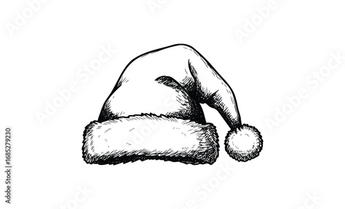 Hand-drawn santa hat with fur trim and pom-pom in black and white. Vector retro hand drawn illustration