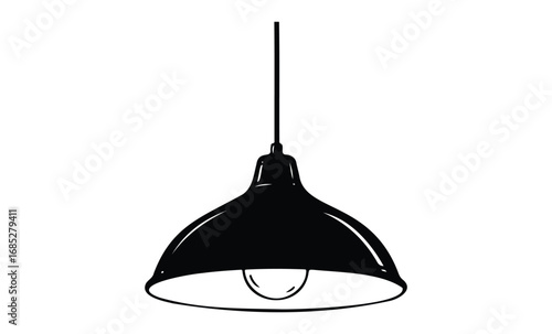 Black hanging pendant light fixture with exposed bulb. Vector retro hand drawn illustration