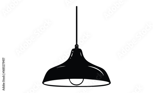 Black pendant lamp silhouette on white background with visible bulb and cord. Vector retro hand drawn illustration