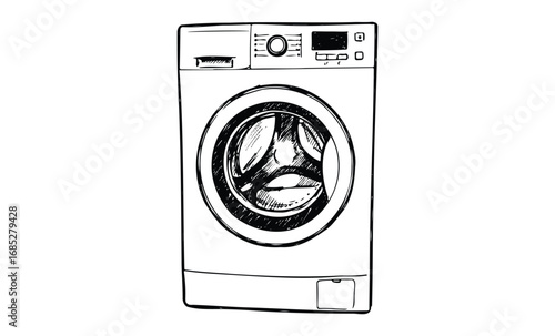 Black and white sketch of a front-loading washing machine with digital display. Vector retro hand drawn illustration