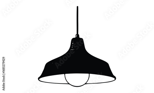Black pendant lamp silhouette with bulb. Vector retro hand drawn illustration