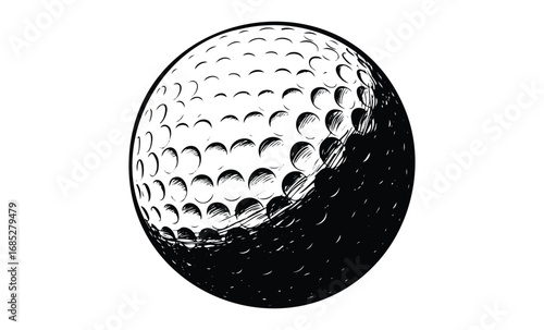 Black and white drawing of a detailed golf ball with shadowing and texture. Vector retro hand drawn illustration