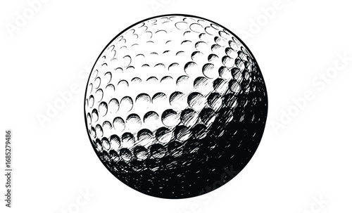 Monochrome sketched golf ball with detailed dimples. Vector retro hand drawn illustration