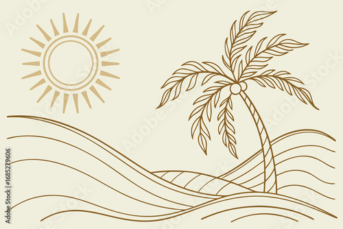 Serene Tropical Beach Landscape with Palm Tree and Sun Outline Illustration for Vacation and Relaxation Concepts Featuring Warm Beige Tones and Minimalist Design