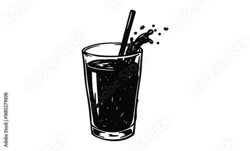 Illustration of splashing cola in glass with straw. Vector retro hand drawn illustration