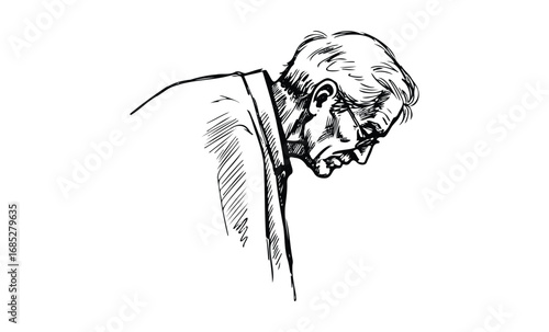 Sketch of elderly caucasian male in profile view with glasses. Vector retro hand drawn illustration