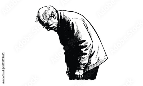 Elderly caucasian male with stooped posture in black and white illustration. Vector retro hand drawn illustration