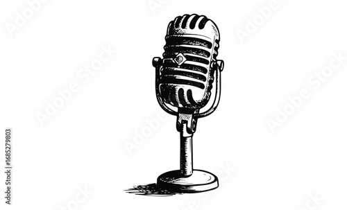 Vintage microphone illustration with stand. Vector retro hand drawn illustration