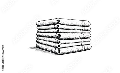 Stack of folded towels in black and white sketch illustration. Vector retro hand drawn illustration