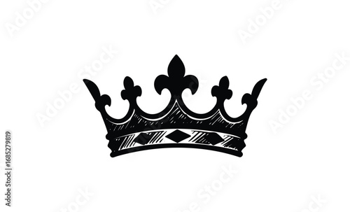 Elegant black crown with fleur-de-lis and diamond patterns. Vector retro hand drawn illustration