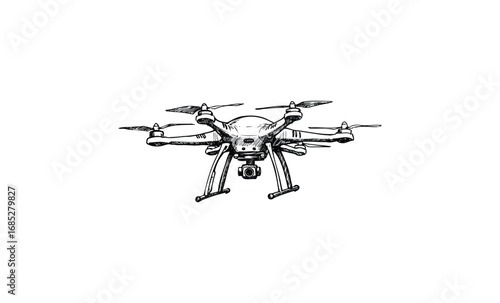 Quadrotor drone with camera and landing gear in detailed black and white illustration. Vector retro hand drawn illustration