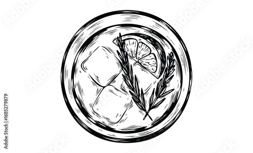 Black and white sketch of a refreshing drink with ice, lemon slice, and rosemary garnish. Vector retro hand drawn illustration