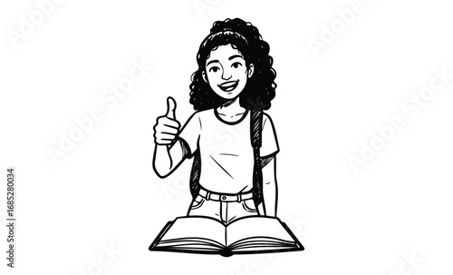 Smiling hispanic female child giving thumbs up while reading an open book. Vector retro hand drawn illustration