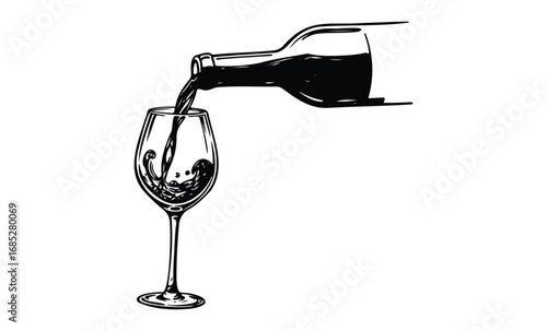 Wine bottle pouring red wine into glass in black and white drawing. Vector retro hand drawn illustration