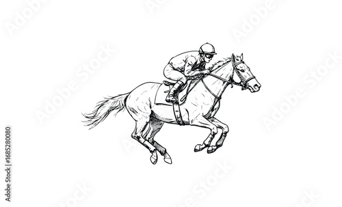 Equestrian speed: jockey riding horse in dynamic pencil sketch. Vector retro hand drawn illustration
