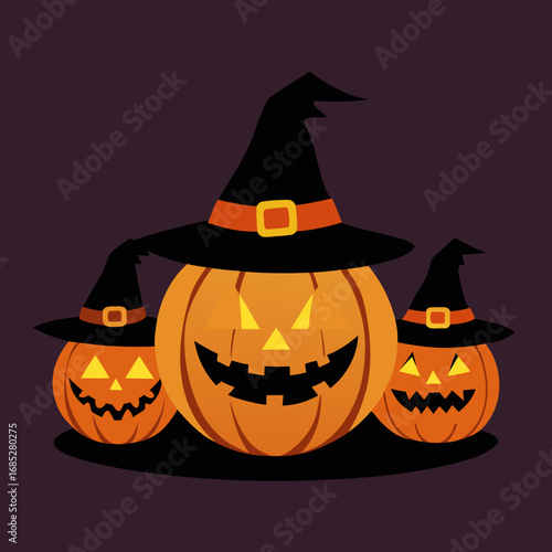 Three spooky jack o lanterns wearing witch hats ready for halloween