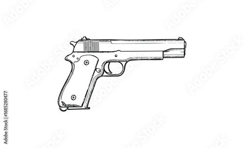 Detailed sketch of a classic semi-automatic handgun. Vector retro hand drawn illustration