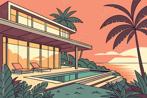 Tropical Modern Villa with Swimming Pool and Ocean View Cartoon Illustration for Summer Vacation Getaway and Relaxing Holidays under Palm Trees with Sunset Sky