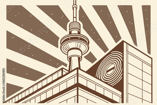 Vector illustration of a futuristic city tower against a starburst background creating a retro science fiction aesthetic with buildings and architecture
