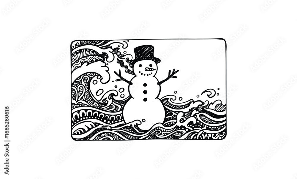 Obraz premium Snowman in abstract ocean waves with intricate patterns and black top hat. Vector retro hand drawn illustration