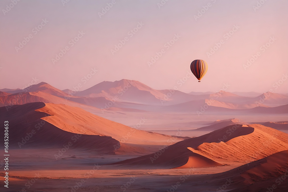 Fototapeta premium Lone Hot Air Balloon Over Namib Desert Dunes at Sunrise