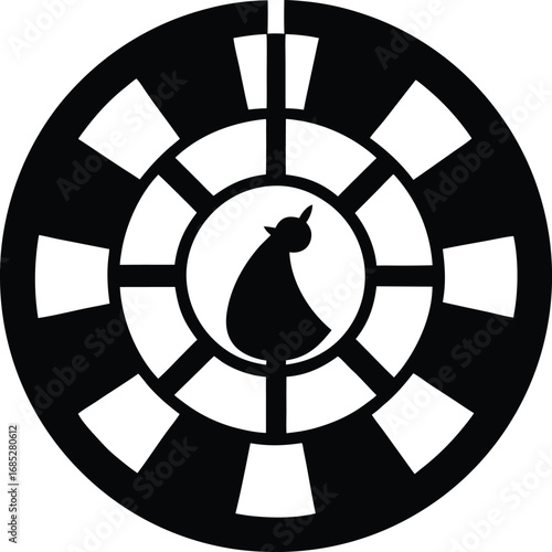 Black and white cat silhouette in a circular window icon vector