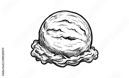Hand-drawn ice cream scoop illustration with waffle texture in black and white. Vector retro hand drawn illustration