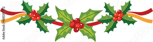 Christmas fir garlands, red bow and jingle bells. Flat vector illustration on transparent background