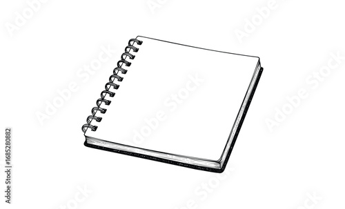 Blank spiral notebook sketch on white background with wire binding. Vector retro hand drawn illustration
