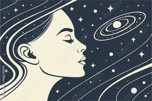 Woman in Cosmic Dream with Galaxy Stars and Universe Illustration Exploring Inner Space Serenity and Connection to the Cosmos Beautiful Minimalist Art