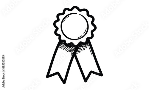 Black and white award ribbon with two long tails illustration. Vector retro hand drawn illustration