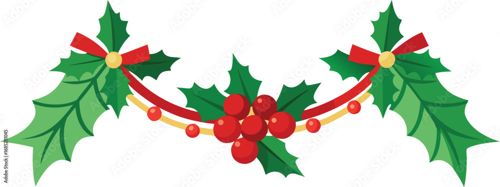 Fototapeta premium Christmas fir garlands, red bow and jingle bells. Flat vector illustration on transparent background