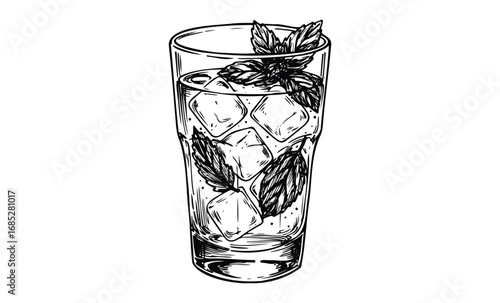 Hand-drawn glass of iced water with mint leaves. Vector retro hand drawn illustration