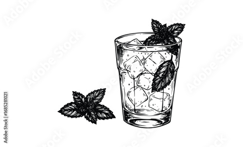 Refreshing iced beverage with mint leaves in glass sketch. Vector retro hand drawn illustration