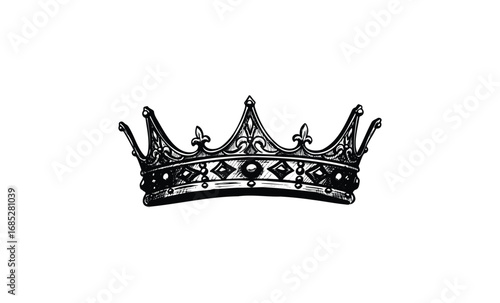 Vintage ornate royal crown: classic monochrome illustration of regal headpiece with intricate details. Vector retro hand drawn illustration