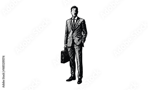 Sketch of young caucasian male in business suit holding briefcase. Vector retro hand drawn illustration