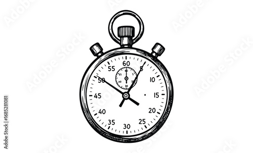 Detailed black and white hand-drawn stopwatch illustration with vintage design elements. Vector retro hand drawn illustration